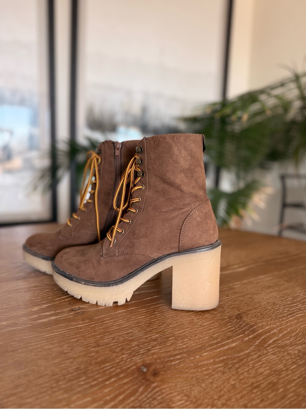 Brown Suede Lug Heel Ankle Boots - Women's Fashion Booties